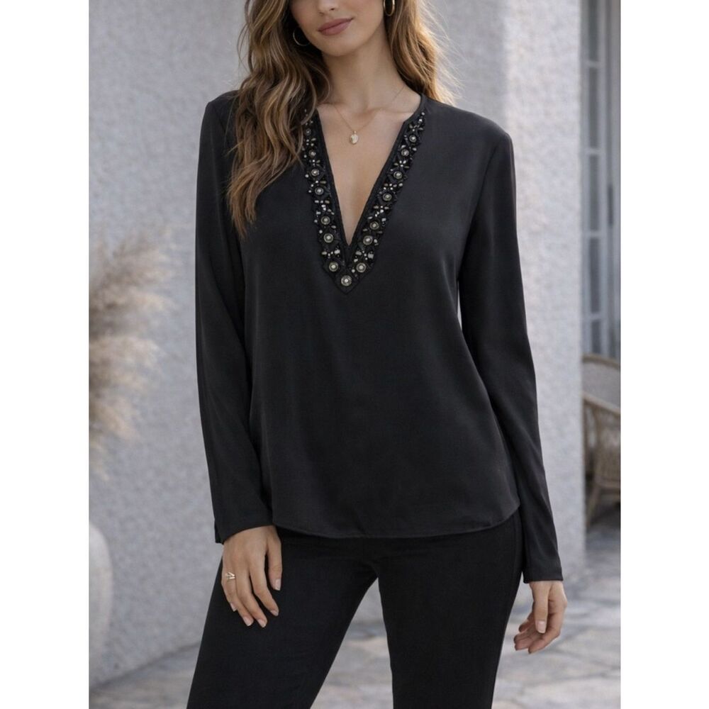 Elie Tahari Black Beaded V-Neck Blouse Long Sleeve Top Silk Feel Size S